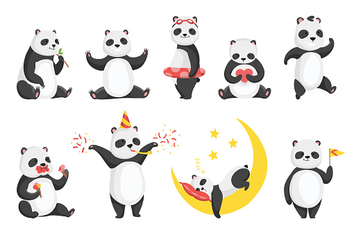 Panda bears in different poses and emotions. Set of cute big panda characters. Asian wildlife cartoon animal. Hand drawing sleepy and lazy animal. Mammal eating bamboo. Adorable jungle wild mammal.