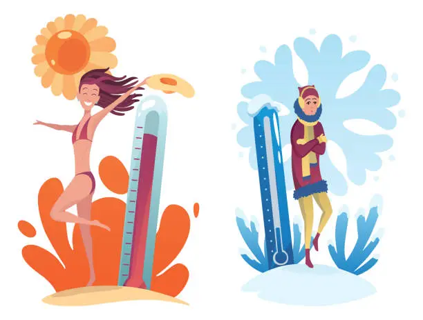 Vector illustration of Hot cold weather. Meteorology thermometers illustration. Cartoon characters in summer and winter season