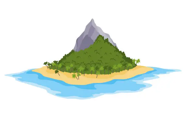 Vector illustration of Tropical island with palm trees in ocean. Uninhabited isle with beach, rocks surrounded with sea water. Empty land and no people. Exotic natural landscape for vacation or summer weekend holiday