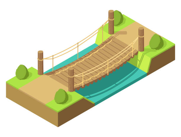 istock Bridge isometric. 3d isolated drawing element of modern urban infrastructure for games or applications. Bridge across the river with grass and tree, isometric icon. Element infographic 1460204869