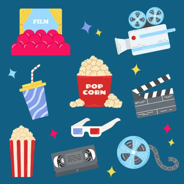 Vector illustration of Set of cinema and movie items. Colorful stickers with camera, 3D glasses, video cassette, cine film, camera and delicious popcorn. Cartoon flat vector collection for print.