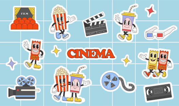 Stickers set of cinema staff in trendy retro cartoon style illustration, vintage character vector art collection. Stickers set of cinema staff in trendy retro cartoon style illustration, vintage character vector art collection. 3 d glasses stock illustrations