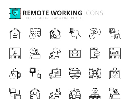 Outline icons about remote working. Business concepts. Contains such icons as work at home, outsourcing, freelance, video meeting and remote team. Editable stroke Vector 64x64 pixel perfect