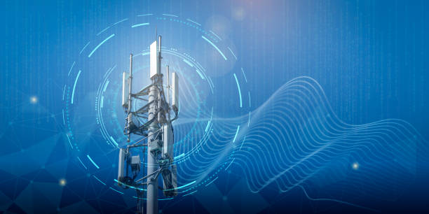 istock Telecommunication tower with 4G, 5G transmitters. Cellular base station with transmitting antennas on telecommunication tower against abstract technological background. 1460212484