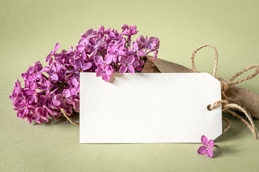 Blank greeting card and simple Syringa lilac bouquet packaged in craft paper, tied with hemp rope. For a festive theme design. Copy space