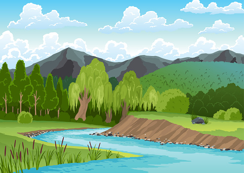 Landscape with river flowing through hills, scenic green fields, forest and mountains. Beautiful scene with river bank shore, blue water, green hill, grass tree and clouds on sky.