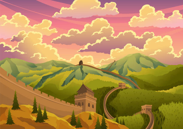 Great chinese wall landscape with watchtowers and wall sections on green mountains for travel or tourism. Chinese prominent sight, monumental giant structure vector illustration Great chinese wall landscape with watchtowers and wall sections on green mountains for travel or tourism. Chinese prominent sight, monumental giant structure vector illustration. lookout tower stock illustrations