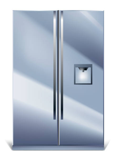istock Gray vertical fridge for preserve food. Silver refrigerator with two doors. Modern cooler for home, products storage 1460213659