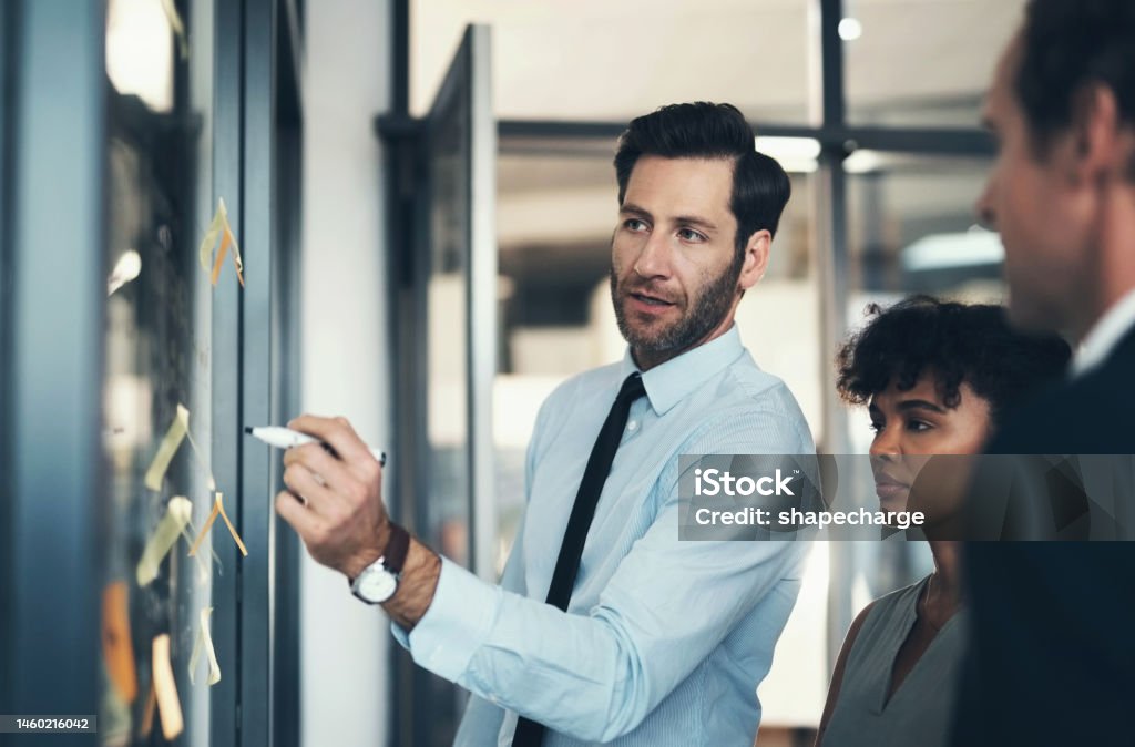 Businessman, leadership and planning notes on glass of schedule, company goals and agenda. Coaching, teamwork and brainstorming ideas on window for solution, strategy and training in corporate office Leadership Stock Photo