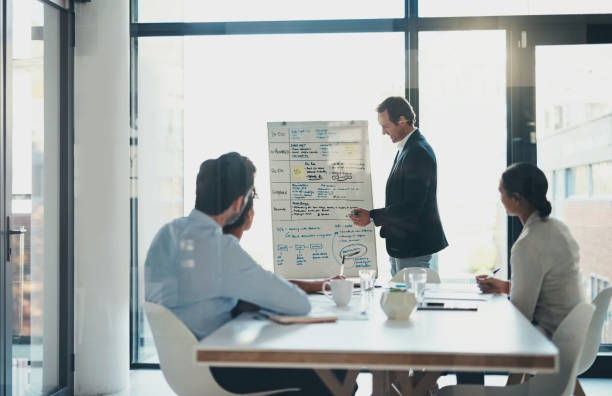 istock Presentation, whiteboard and business man as leader, management meeting and coaching workshop. Training, seminar and manager planning in office, company and team strategy for brainstorming our vision 1460217032