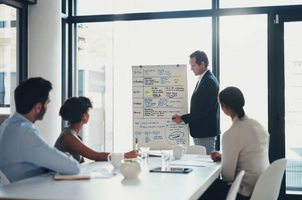 istock Business boss, meeting and whiteboard presentation of notes in workshop, schedule and team coaching. Manager writing ideas for training, seminar and strategy of charts, agenda and brainstorming data 1460217525