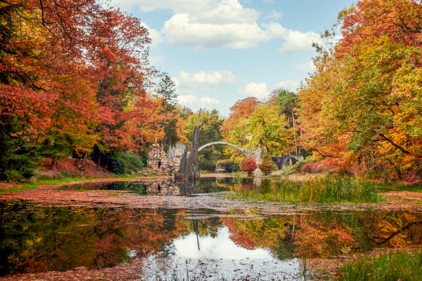 istock Stone arch bridge Kromlau in brightly colored autumn, called Rakotz Bridge or devils bridge 1460217584