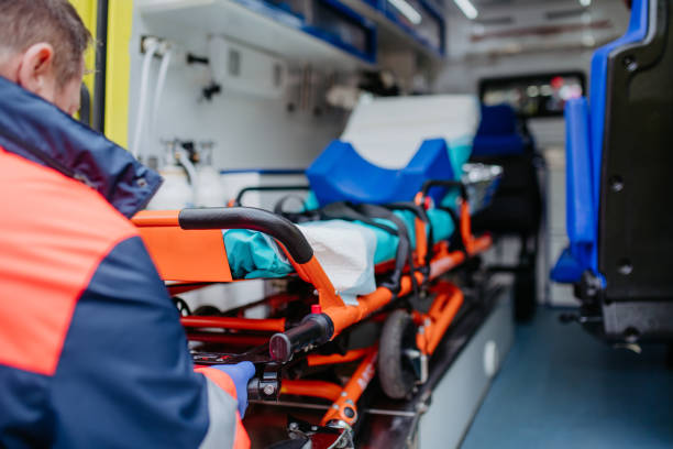 istock Close-up of empty stretcher inside ambulance vehicle. 1460217994