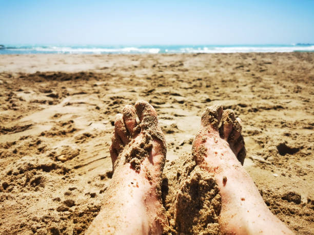 istock wet feet in the sand on a beach 1460218832