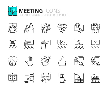 Outline icons about meeting. Business concept. Contains such icons as conference, interview, presentation, webinar, teamwork and coworking. Editable stroke Vector 64x64 pixel perfect
