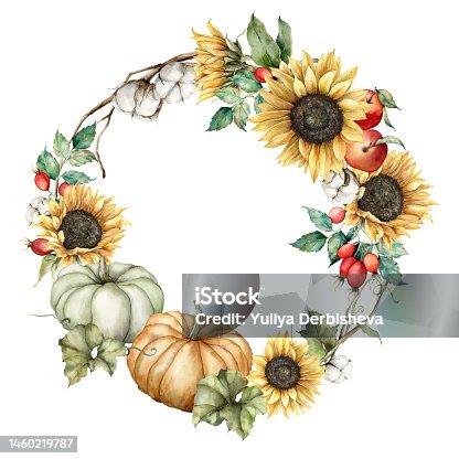istock Watercolor autumn wreath of pumpkins, sunflowers, leaves and apples. Hand painted rustic composition isolated on white background. Floral illustration for design, print, fabric, background. 1460219787
