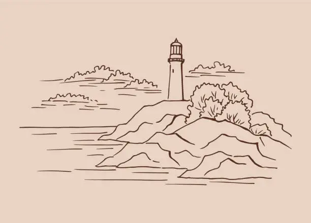 Vector illustration of Lighthouse. Hand drawn illustration converted to vector. Sea coast graphic landscape sketch illustration vector.