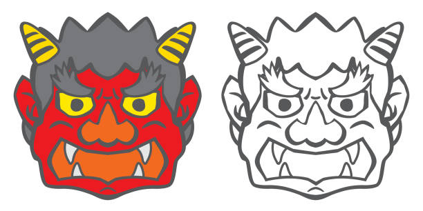 Set of Japanese ogre mask. This is a Line for coloring of Setsubun. hannya stock illustrations