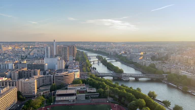 Panorama on the Ile aux Cygnes island, Beaugrenelle district, the river Seine and Bir-Hakeim bridge in Paris