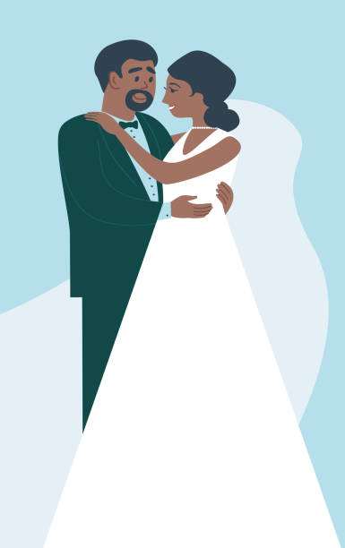 Happy bride and groom. African American couple standing posing happy on wedding day holding each other. Happy bride and groom. African American couple standing posing happy on wedding day holding each other. Flat vector characters african bride and groom stock illustrations