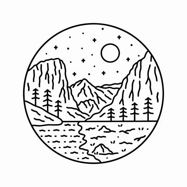 Vector illustration of View of Zion National Park with starry sky in mono line art