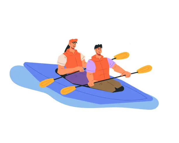 Vector illustration of People kayaking. Kayaking and water sport tourism concept, vector isolated.