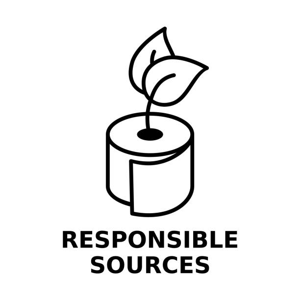 Toilet paper from responsible sources. Environmental friendly production. Sustainable resources. Tissue paper roll with a leaves. Organic ecological product. Vector illustration, line icon, clip art. manufacturing sourcing stock illustrations