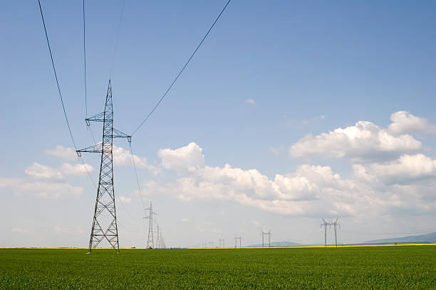 Haute tension puissance pôle dans un champ avec un ciel bleu - Photo