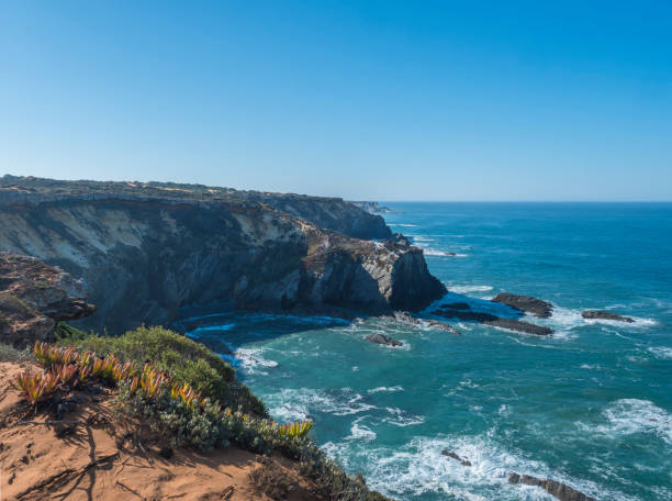 istock Wild Rota Vicentina coast sea shore with ocean waves and sharp rocks, stones, cliffs and and green vegetation near Almograve, Portugal. Sunny day, blue sky 1460228196