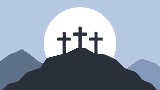 Three crosses on Golgotha. Easter. Crucifixion and resurrection of Jesus Christ. Vector illustration