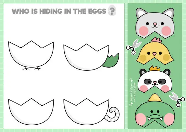 Vector illustration of Vector Easter cut and glue activity. Crafting game with cute kawaii egg shell. Fun spring holiday printable worksheet. Find the right piece of the puzzle. Complete the picture with hatching animals