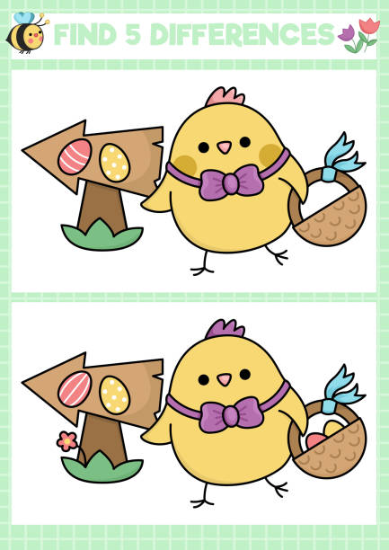 Easter kawaii find differences game for children. Attention skills activity with cute chicken going on egg hunt with basket. Spring holiday puzzle for kids. Printable what is different worksheet Easter kawaii find differences game for children. Attention skills activity with cute chicken going on egg hunt with basket. Spring holiday puzzle for kids. Printable what is different worksheet easter easter egg eggs basket stock illustrations