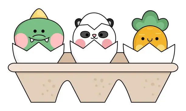 Vector illustration of Vector packaging with eggs and hatching kawaii animals. Easter illustration with cute panda bear, crocodile and carrot sitting in shell. Cute spring icon for kids
