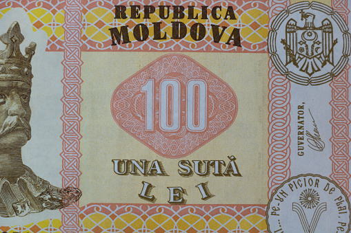 A Magnified Look at a 100 Moldovan Lei Banknote close up.