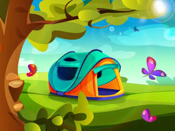 Vector illustration of Travel, hiking, adventure cartoon style. Tourist tent with butterflies in sunny summer countryside.