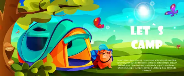 Vector illustration of Travel, hiking, adventure cartoon style. Tourist bulldog next to a tent with butterflies in the countryside with space for text.