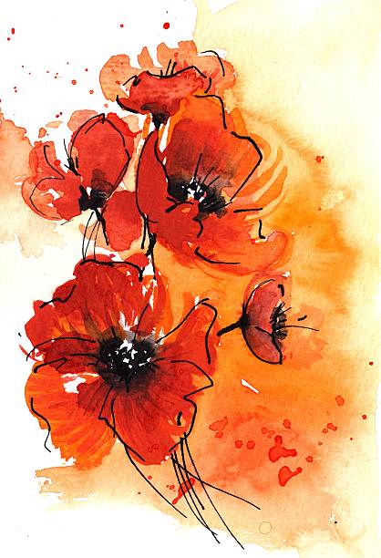 가시양귀비 일러스트-mohnblumen aquarell - paint abstract multi layered paint fine art painting stock illustrations