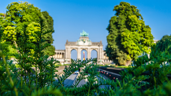 View of the Cinquantenaire Arch constructed in 1905,  located in the Cinquantenaire Park(French for Fiftieth Anniversary), in the European Quarter in Brussels, Belgium