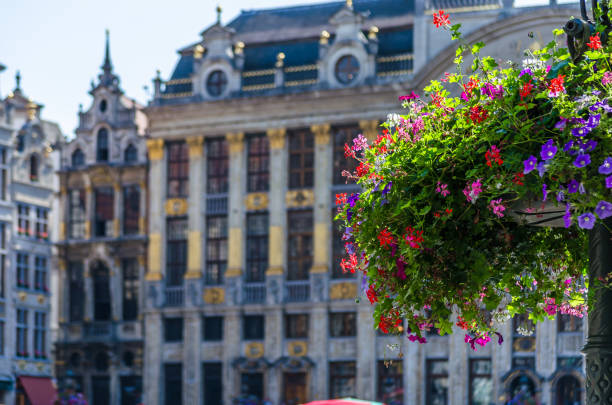 Architectural details on the facades of the Grand Place in Brussels, Belgium
