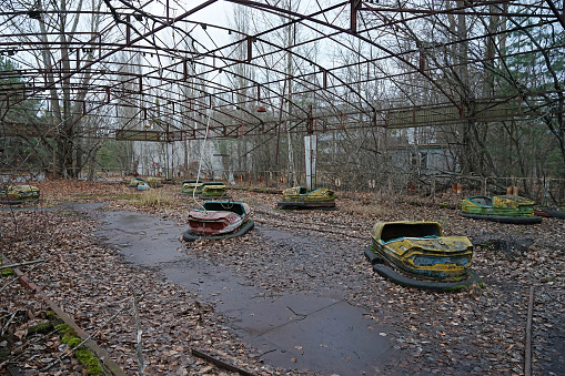 Pripyat bumper cars in amusement park with radioactive contamination after nuclear disaster in Chernobyl, Ukraine
