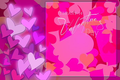 Illustration of Dia de San Valentin or Valentine's Day. Pink and purple colors. Hearts representing love. Space for text.