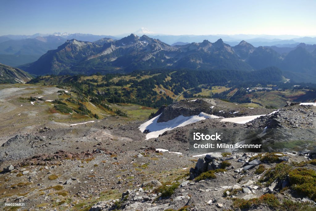 Panoramic view from Mount Rainier also known as Tahoma or Tacoma, large active stratovolcano in Washington, United States Beauty Stock Photo