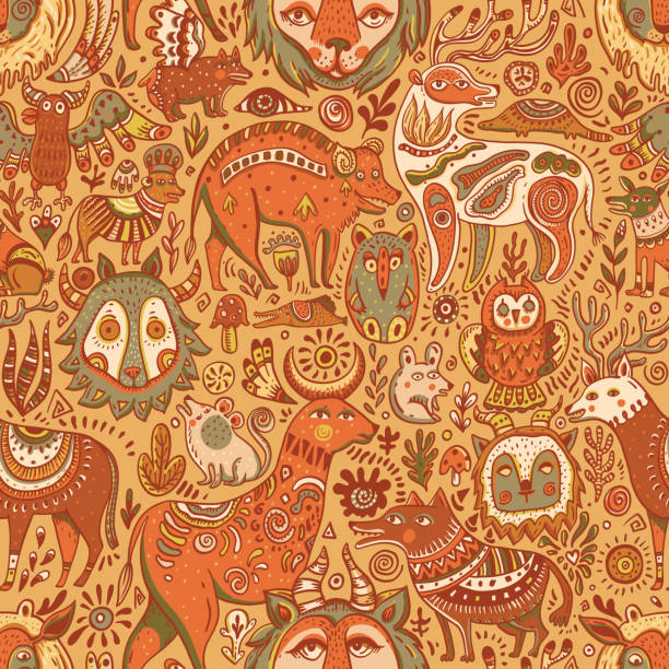 doodle фэнтези лесные существа бесшовный узор, милый фон - 5515 stock illustrations