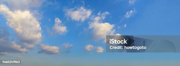 Banner Tropical Summer Blue Sky Fluffy White Cloud Summertime On Light Sunny Day Cloudscape Panoramic Clear Bright Blue Skyline Spring Sunlight Climate Background Heaven Blue Ecology For Web Banner Stock Photo - Download Image Now