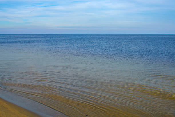Natural background, sandy shore and water. Winter beach view
