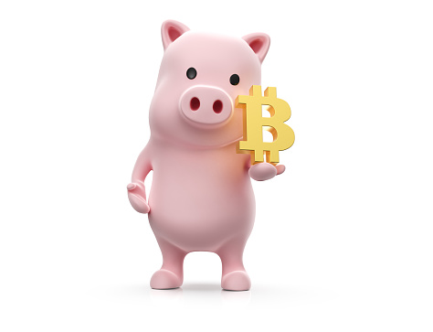 3d render of  pig holding bitcoin symbol on white background