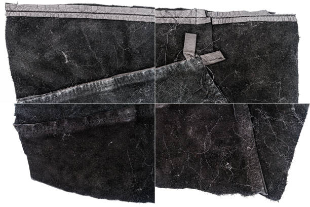 Collection of black leather textures isolated on white background. Rough uneven edges. Rectangular composite image of leather textures
