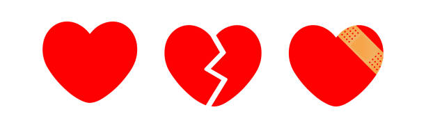 значок разбитого сердца, сердце с медицинским пластырем и красным векторным значком сердца - relationship difficulties heart shape bandage adhesive bandage stock illustrations