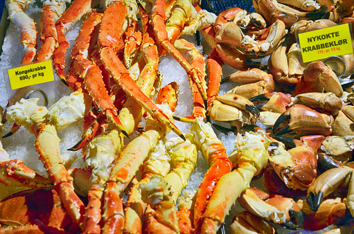 Crabs and other seafood at a Bergen market, Norway