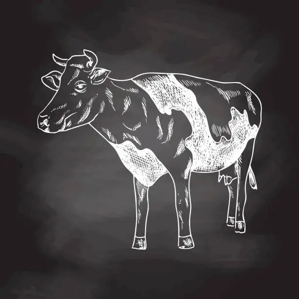 Vector illustration of A hand-drawn sketch of a spotted cow. Chalkboard vector hand drawn Illustration. Vintage. Element for the design of labels, packaging and postcards.